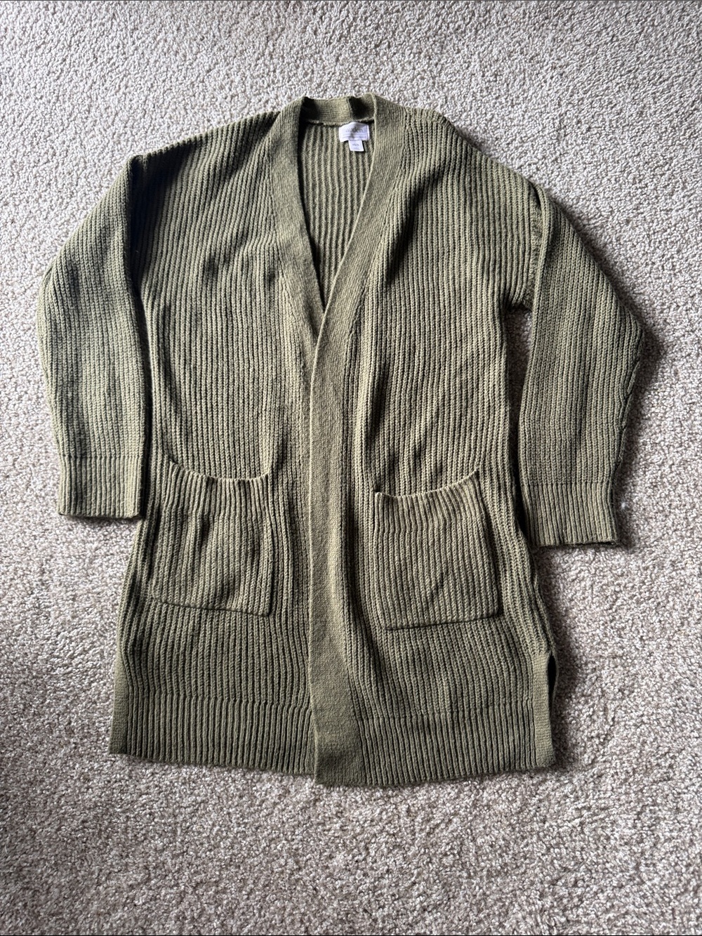 Auden Women’s Olive Ribbed Open-Front Cardigan with pockets xs/s